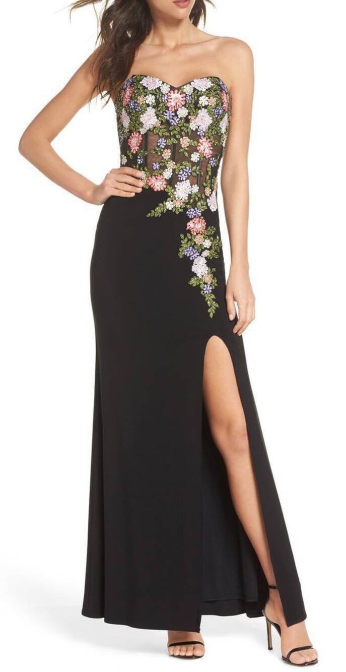 Blondie Nites Floral Embroidered Strapless Gown Black Mesh Corset Formal Dress